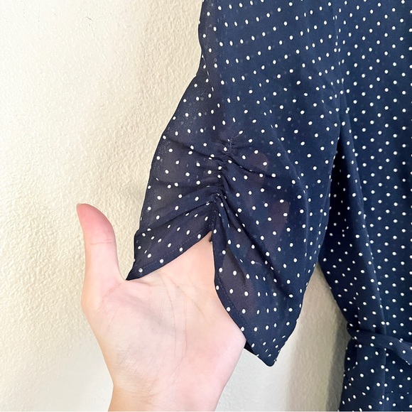 REFORMATION Button Polka Dot Mini Wrap Dress in Navy Blue - Picture 6 of 7